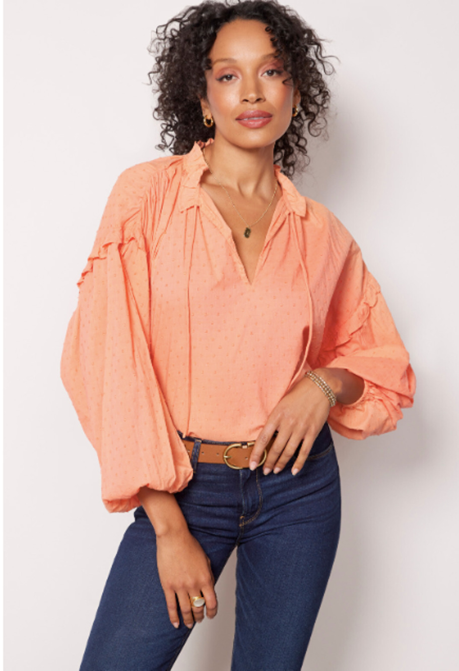 CLEOBELLA NWT Evereve Phoenix Puff Long Sleeve Organic Cotton Blouse Coral // M - Picture 1 of 16